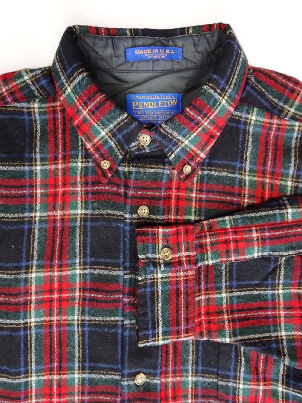 Vintage Virgin Wool Pendleton Mens Lodge Shirt L 42 44 Black Stewart Tartan USA